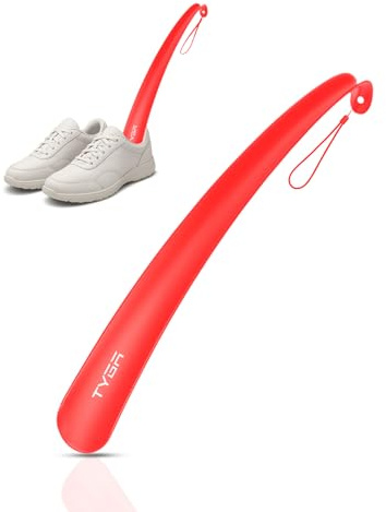 TYGA Skohorn långt handtag 43 cm långt skohorn i plast för män, kvinnor med komfortgrepp långa skohorn – flexibel extra lång skohorn för äldre, Röd, Pack of 1