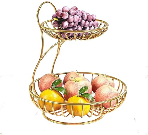 Dreamhousey Gold metal fruit basket snack rack table fruit bowl, home living room coffee table candy dessert tray table light luxury fruit stand rack (gold, 2-tier)