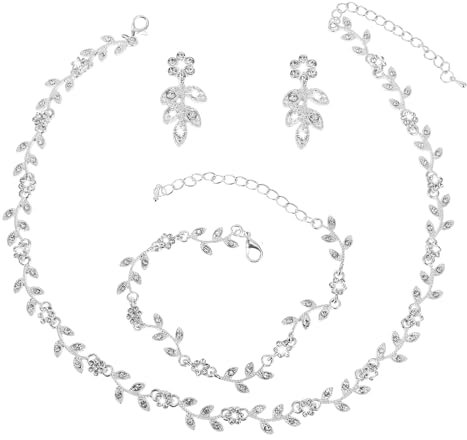 DIVINA VITAE 4 Stück Brautschmuck Set Silber Strass Schmuck Blumenblätter Armband Ohrringe Halskette Set für Braut Brautjungfer Damen Abschlussball Hochzeit Schmuck Set