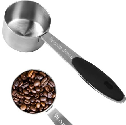 Cuchara medidora de acero inoxidable, 1/8 taza, 1 cuchara de café con mango de silicona negra