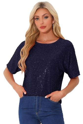 Allegra K Blouses à Paillettes Femmes Métalliques Col Rond Manches Courtes Haut Brillant de Soirée T-Shirts Scintillants Bleu Marin XS