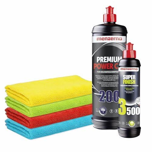 GFK Politur Set | Menzerna Premium Power Cut 200 1L Gelcoat Bootspolitur + Super Finish 3500 250ml + 4x Poliertuch | Ideal zur Aufbereitung von Boot Caravan Wohnwagen Wohnmobil