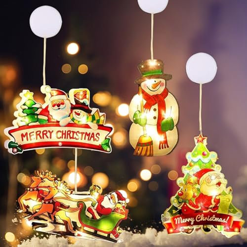 4er Set Weihnachtsbeleuchtung Fenster, Saugnapf Lichterkette Weihnachten, Doppelseitige Farbe LED Weihnachtsbeleuchtung, Kantenabdichtung, Timer, Batteriebetriebene(ohne Batterie), für Weihnachtsdeko