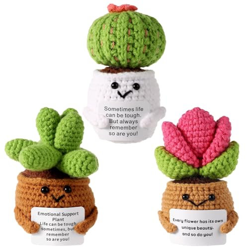 lasuroa 3pcs Plante Positive, Succulentes Positives Cactus Positif Succulentes Tricotées Cactus en Crochet Plante Tricot pour Décoration de Fête Cadeau Encourageant