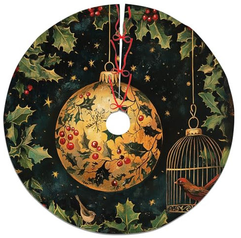 Stechpalmen-Weihnachtsbaumrock, goldfarben, Vintage-Ornament, Baumrock für Winter, Heimdekoration, Weihnachten, Urlaub, Party, Heimdekoration, Innen- und Außenbereich, 121,9 cm