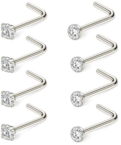 IKOPFLN 8 Pezzi Curvo Naso a Bottone in Acciaio Inox Naso Anelli Zirconia Cubico Piercing Naso Stud Naso Vite L Forma Piegato