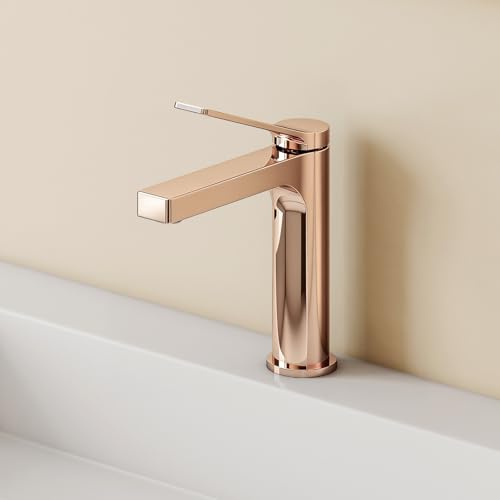 EMKE Badarmatur Roségold mit Belüfter, Waschtischmischer aus massivem Messing, Keramikkartusche, einfache Installation, wassersparend, 195 x 173 x 46 mm
