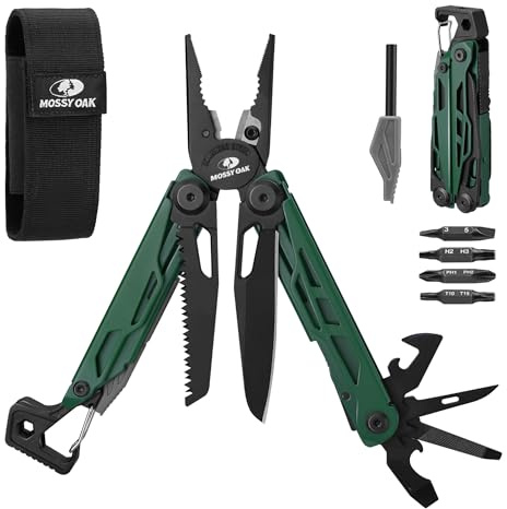 MOSSY OAK CNC-Machined Multitool Pliers, 27-in-1 Multi Tool with Pocket Knife, Fire Starter & Whistle, Bottle Opener, Screwdriver – Self-Locking Survival Tool for Camping & Hiking