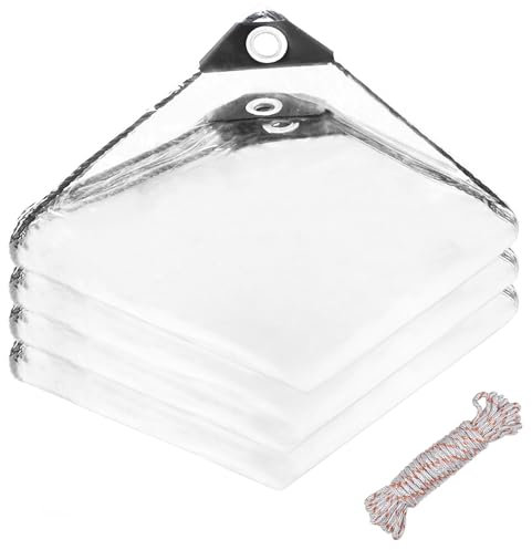 FOGAWA 3 x 3 m Bâche Transparente avec œillets, 400g/m² Bâche Imperméable en PVC, Bache de Protection Exterieur, avec 10m de Corde de Fixation, pour Jardins, Serres, Plantes, Piscines, Garages
