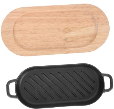 IMIKEYA Plat De Steak Rectangulaire 22x11 Cm En Fonte Plaque Antiadhésive, Profondeur 2 Cm, Support En Bois Intégré, Cuisson Poisson Et Viande, Usage Domestique Et Commercial