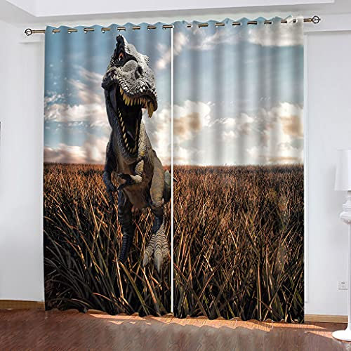 MAYNUO Blickdichte Vorhänge Mit Motiv 3D Graslandtiere, Dinosaurier Kinder Gardinen Ösen Gardine Thermo 280x160 cm Schlafzimmer Kinderzimmer Vorhange Dekoratives Muster, Verdunklungsvorhänge
