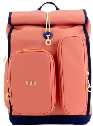 KWIO BAGG Schulranzen Set Coral I 6 teilig, Roll-Top Design, Fronttaschen für Trinkflasche und Brotdose, Regencover, Retroreflektierende Beschichtung, ergonomisches Tragesystem, 1. Klasse