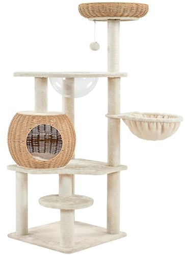 Abician Arbre à Chat en Rotin Tour pour Chat en Sisal Jouet Design Moderne 137,5 cm de Haut Beige en Peluche avec Cachette Ronde Perchoir Paniers Griffoir