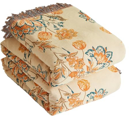 Bailix Couvre-lit Premium Boho 100% Coton Couverture Douillette à Franges Couverture Boho Double Face en Mousseline 150 x 200 cm, Couverture Douillette pour canapé et lit, Orange/Beige