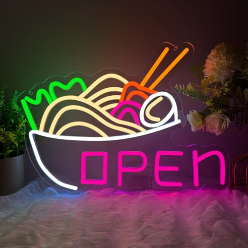 Open Neon Schild Ramen Led Schild Japanisches Nudel Leuchtschild Licht für Wanddekoration NeonlichtSchriftzug für Party Küche Bar Restaurant Zimmer
