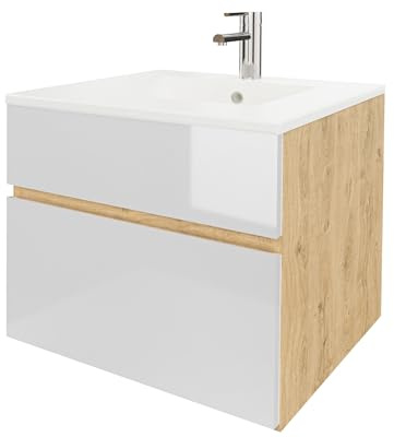 wohnartig® Stella Waschtischunterschrank – Hängend | Eiche Artisan | Weiß Hochglanz | 50,5 × 39,3 × 50 cm | Moderner Waschbeckenunterschrank mit Keramikwaschbecken | Waschbecken mit Unterschrank