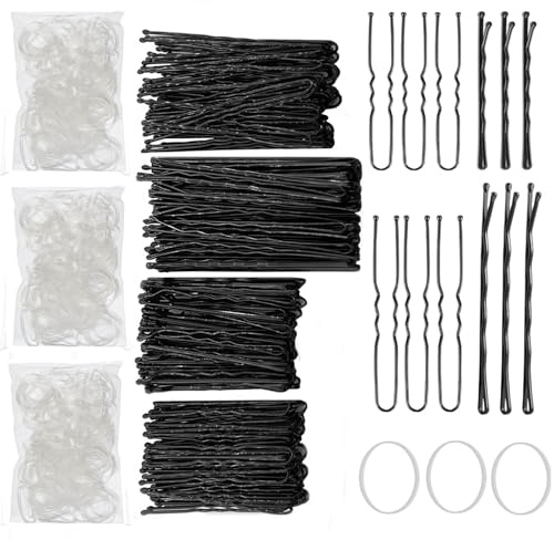 Epingle Cheveux Femme, 200 PCS Femme Épingles à Cheveux Noires en Métal Résistant et 300 PCS Bandes, pour Femmes pour Salon de Coiffure et Maison Tous, U Barrette Cheveux, Pinces à Cheveux Plate