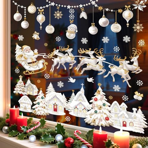 wondever Fensterbilder Weihnachten Häuser 3D Weiß Gold Weihnachtsdeko | Wiederverwendbar, Doppelseitig Statisch PVC Fensterdeko, Fensterfolie weihnachten selbstklebend für Winter Innen Dekoration