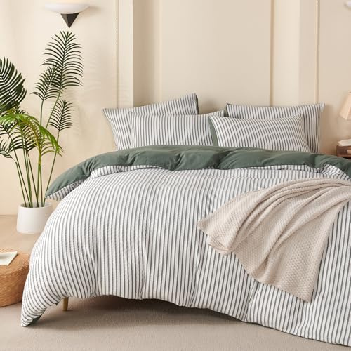 BUPIRD Queen Duvet Cover Set Striped Green, 100% Washed Microfiber Jacquard 3 Pieces Green Queen Striped Bedding Sets, with Zipper Closure & Corner Ties, Lightweight Soft Comfort Breathable