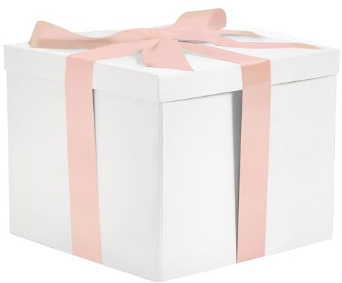 TOATELU Geschenkbox mit Deckel und Schleife 23x23x18 cm – Faltbare weiße Geschenkbox mit rosa Band, hochwertige Geschenkkarton Box für Geburtstag, Hochzeit, Weihnachten, Jubiläum