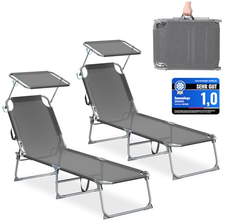 SONGMICS Tumbonas Plegables, 189 x 53 x 28,5 cm, Juego de 2 Tumbonas para Jardín, Cada Una con Carga 110 kg, con Parasol y Respaldo Ajustables, para Terraza y Balcón, Gris GCB294GZ02