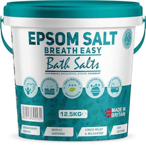 Scented Epsom Bath Salts 12.5kg Infused with Breath Easy Essential Oil, 100% Natural Mineral Salts - Supports Sleep and Relieves Aching Muscles Magnesium Sulphate Foot Soak Bath Epsom Salt