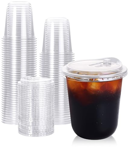 Turbo Bee 100 Pack - 12 oz Round Bottom Clear Plastic Cups with Strawless Sip - Lids, Disposable To Go Coffee Cups with Sippy Lids for Iced Coffee, Cold Drinks and Beverages