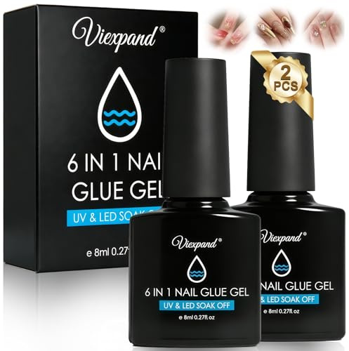2 x 8 ML Colle Faux Ongles 6 in 1 und Primer Gel, Longue Duré Nail Extend Gel, Colle pour Ongles avec Pinceau, Longue Duré Extend UV/LED Nail Glue DIY Nails Art, pour Gels Nails Art ﻿