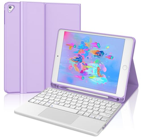 Teclado con Touchpad para iPad 6/5 Generación 2018/2017, Air 2/1 2014/2013 | Funda con Español Ñ Bluetooth Teclado con Trackpad para iPad 9.7 6/5 Generación, Púrpura claro