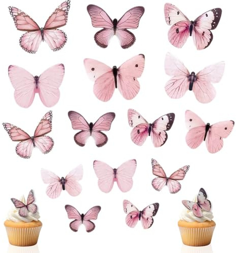 80 Stück Rosa Schmetterling Tortendeko, 3D Schmetterlinge für Torte, Cupcake Topper Schmetterling Deko Kuchen, Schmetterlinge Esspapier Deko Torte für Jubiläum Geburtstag Hochzeit