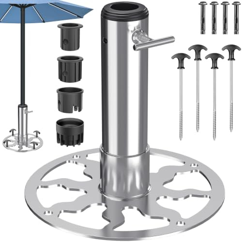 Dolibest Tube pour Pied de Parasol Balcon, 23cm Fixation Parasol Rambarde Balcon Support de Tube Parapluie Ronde Base Stable pour Parasol avec 3 Douille pour Poteaux 3-5cm, Béton/Bois, Style A/Chrome