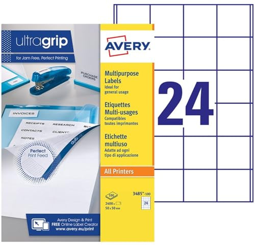 AVERY - Beutel mit 2400 UltraGrip-Etiketten, selbstklebend, personalisierbar, bedruckbar, Format 50 x 50 mm, Laserdruck, Tintenstrahldrucker, Kopierer. (3485-100)