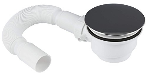 VILSTEIN© Ablaufgarnitur Set inkl. Siphon für Duschwanne Duschtasse mit Ø 90 mm Ablaufloch, Haarsieb, Geruchssperre, DIN Anschluss, Biegsamer Flexschlauch länge ca. 32-98 cm, Chrom Ablaufdeckel