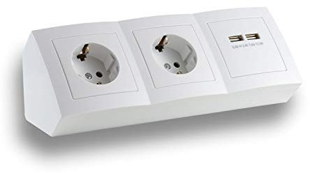 Eck-Steckdose Aufbaumontage, 2-Fach Schuko, 2X USB, 15 cm Anschlusskabel und Lüsterklemme für Küchen-Arbeitsplatte, Büro, Werkstatt, 250V~/16A, schwarz/anthrazit, grau, weiß (weiß)