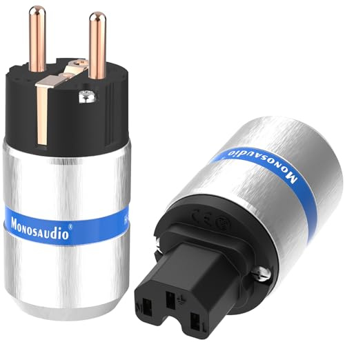 Monosaudio Paar HiFi Schukostecker & IEC C15 Anschluss Buchse Steckdose High-End Kaltgeräte-Stecker 16A 250V Audiophiler Netzstecker Kupplung Reines Kupfer Aluminium-Schale E106/F106