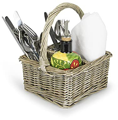 Support à condiments pour couverts de table avec 4 compartiments – Panier de table en saule naturel vieilli avec poignée de transport – Organiseur de condiments pour barbecue, table ou plan de travail