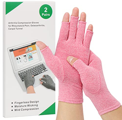 2-Pair Arthritis Compression Gloves for Alleviate Rheumatoid Osteoarthritis, Carpal Tunnel Raynauds Disease, Ease Muscle Tensi on Fingerless, Breathable & Moisture, Women and Men (Pink, Large)