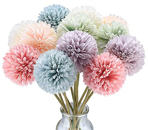 Aoyfuwell 12 Pcs Artificial Hydrangea Bouquets, Decorative Faux Ball Flowers, Silk Fake Chrysanthemum Flowers Plants for Indoor, Outdoor, Garden, Floral Arrangement, Home Decoration - 6 Colors