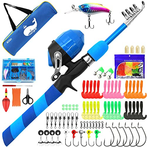 Kilitn Kit de Canna da Pesca per Bambini - 86 Pezzi, Canna da Pesca Telescopica e Mulinello Spincast Set e Accessori da Pesca Borsone da Viaggio per Ragazzi Ragazze Giovani Principianti (1.5M 4.92FT)