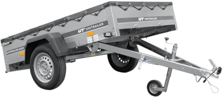 UNITRAILER Anhänger, verzinkt, 200 x 125 cm, Garten Trailer 201 Kipp [mit Stützrad und flacher Abdeckplane, grau]