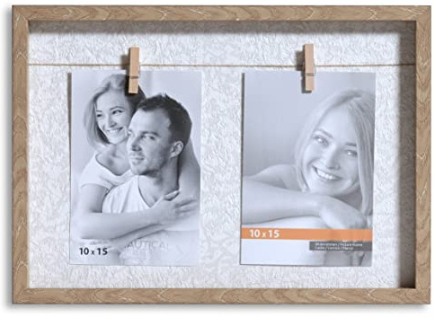 VictoR Bilderrahmen Collage Clip Rahmen in beige für 2 Bilder in 10x15 cm - Rahmen aus Holz mit extra Klammern zum anheften von Fotos