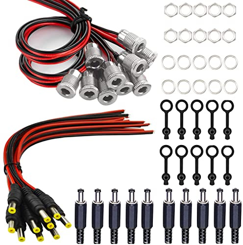 VISSQH 10 Pairs DC Plug Socket Adapter 5.5 x 2.1 mm DC Plug DC Power Jack Socket 5A 500V DC Mount Adapter Set DC Barrel Plug with 10 Nuts and10 Gasket for Telephones, Household Appliances