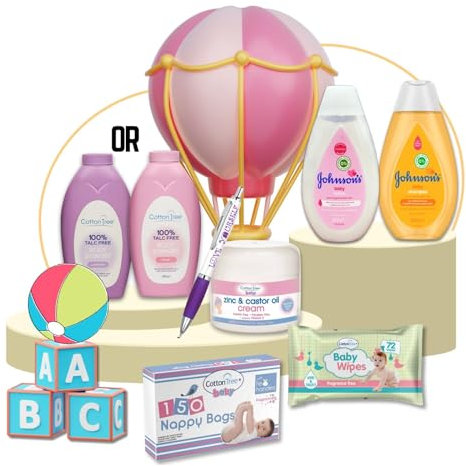 Baby Essentials for Newborn | Baby Bath Set with Shampoo and Lotion, Cotton Tree Baby Wipes, Nappy Bags, Cream, Baby Powder | 7pc Baby Skin Care Kit with Sinta Gifts Pen