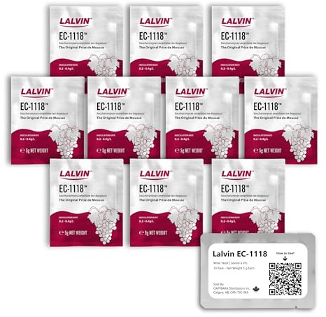 Lalvin EC-1118 Wine Yeast (10 Pack) - Sold by CAPYBARA Distributors Inc. | Champagne Yeast, Make Wine Cider Mead Kombucha At Home, 5 g Sachets, Saccharomyces cerevisiae