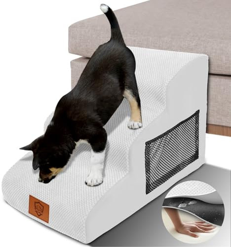 Zvonema Hundetreppe, wasserdichte Hundetreppe 40cm Hoch, rutschfeste 3 Stufen Haustiertreppe，Hunderampe aus hochdichtem Schaumstoff für Couch|Sofa,Katzentreppe Mit Waschbarem Bezug