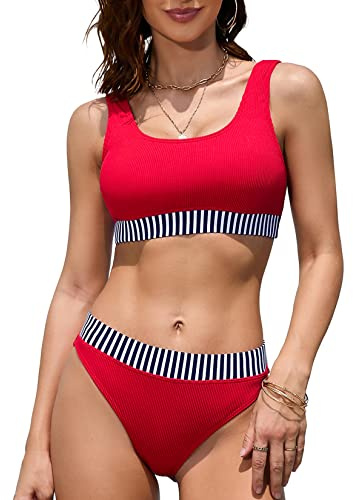 iSLASISIA Sportbaddräkter för kvinnor två delar crop top ribbad bikini med fräcka trosor, Röd och randig, 36
