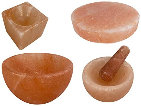 SudoreWell® Saltset med salladsskål, saltlåda, saltmortel och mortel + salt grillsten rund 20 x 20 x 4 cm av rosa stensalt tillverkat i Saltrange Pakistan