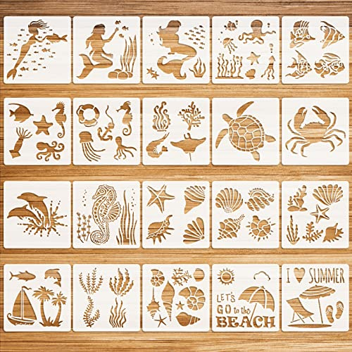 OOTSR 20 Stück Ozean- und Strand-Schablonen, Zeichnung Malvorlagen, Wiederverwendbare Kunststoff-Vorlagen für Holz, Möbel, Wandgestaltung, Scrapbooking, Handwerk und Deko