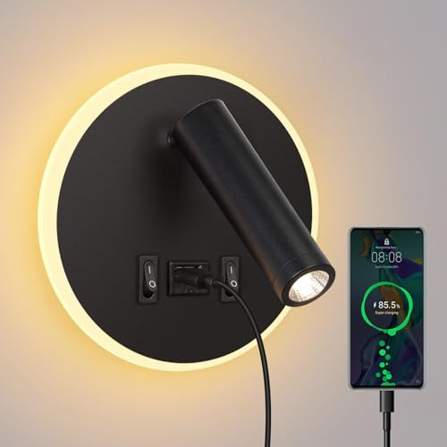 ERWEY LED Wandleucte Wandlampe,Leselampe Wandmontage verstellbarer Strahler 3W 4000K+5W 3000K Bettlampe mit Schalter und USB-Aufladung, Leselicht Nachtlicht für Schlafzimmer,Schwarz