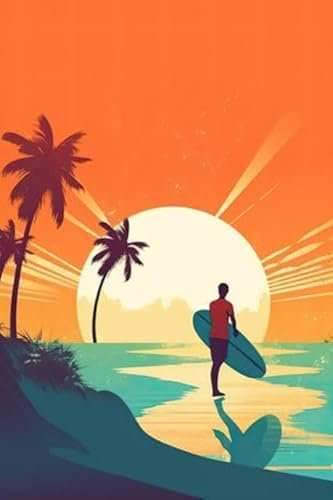Acryl-Bild 70 x 110 cm: Helle, farbenfrohe Aquarelle eines Surfers bei Sonnenuntergang am Strand von Kalifornien oder Hawaii mit Wellen (206315600)